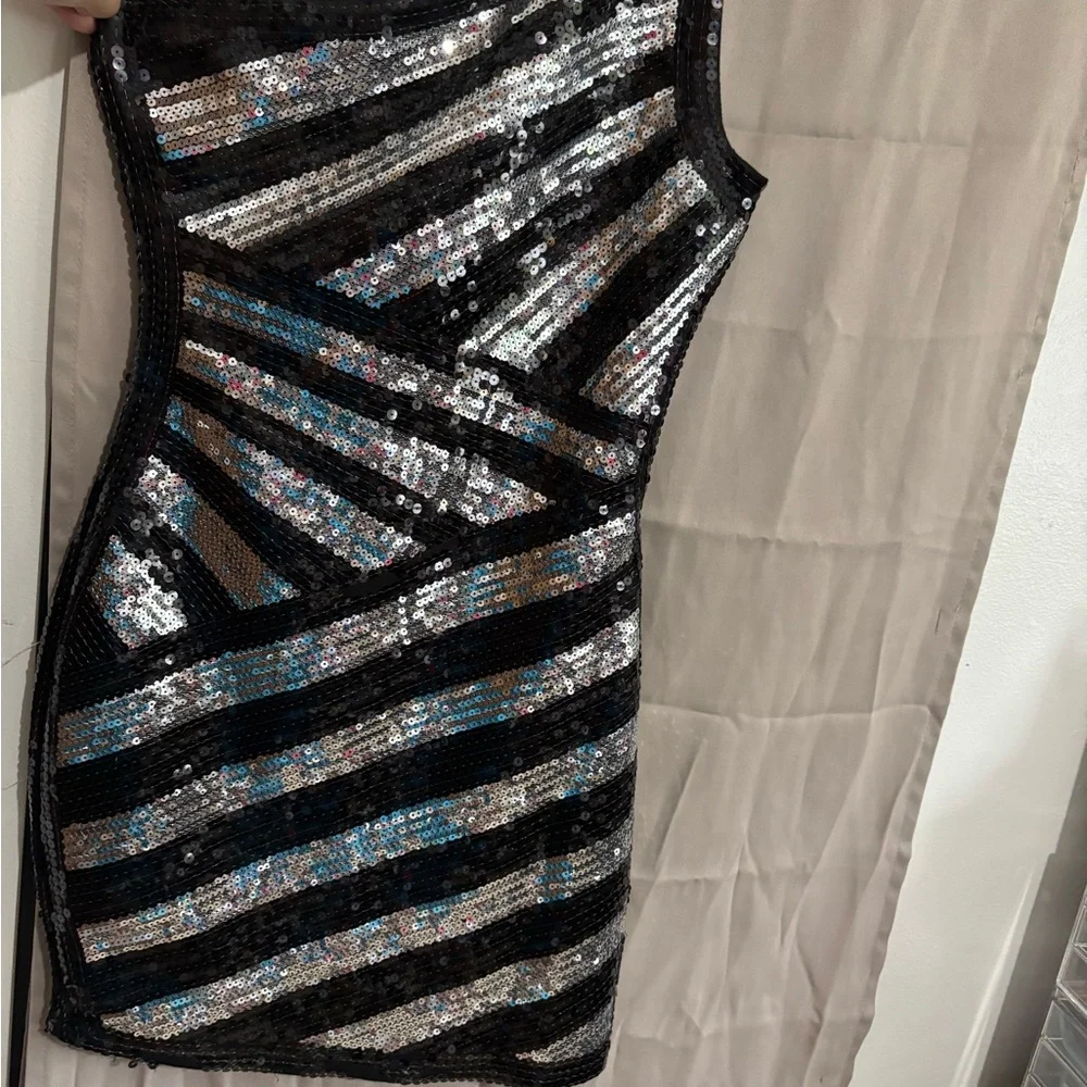 bebe Striking Black and Silver Sequin Mini Dress - Picture 1 of 8